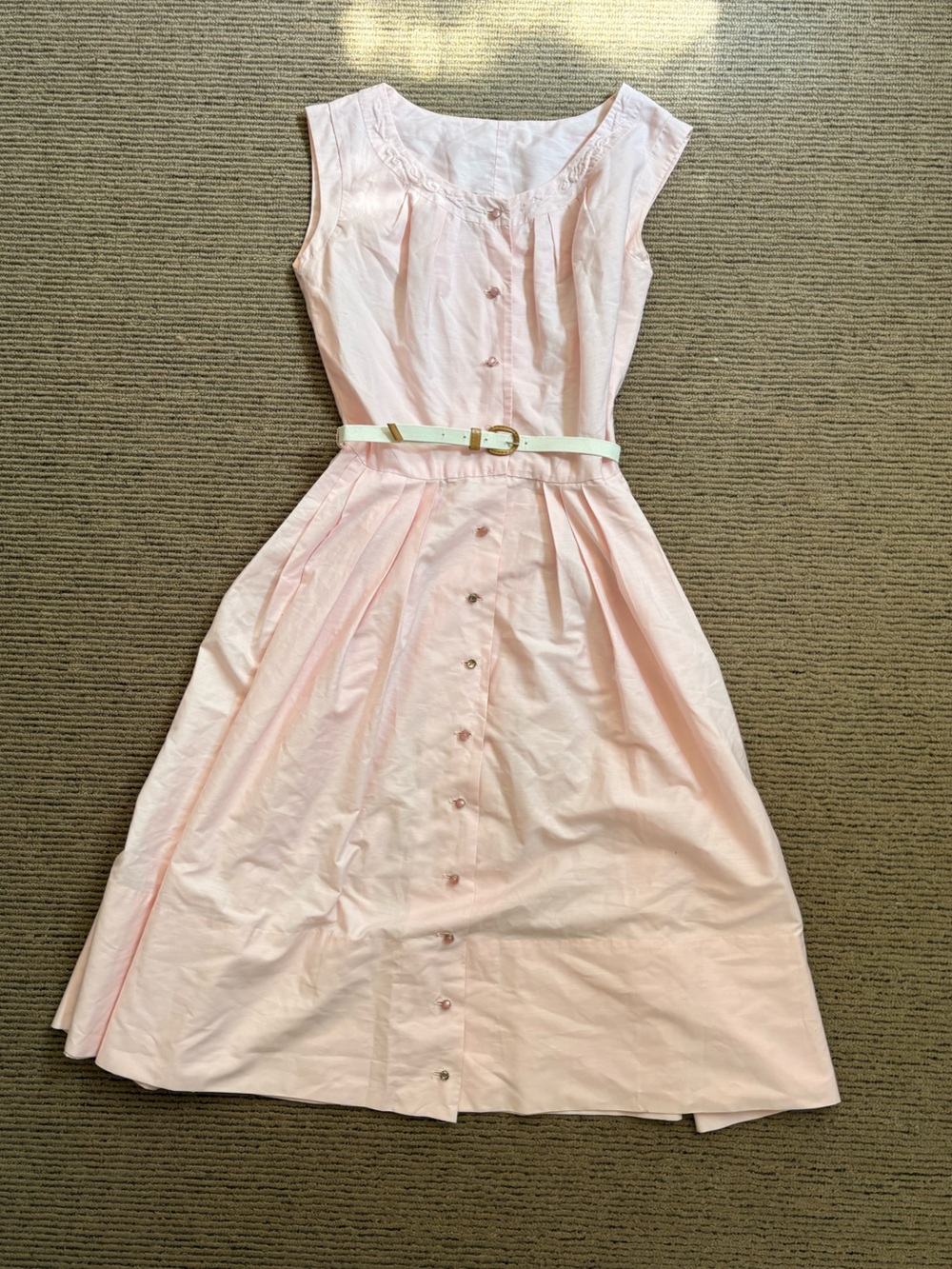 50’s fit and flare light weight cotton Light Pink Button-Front Dress with Belt